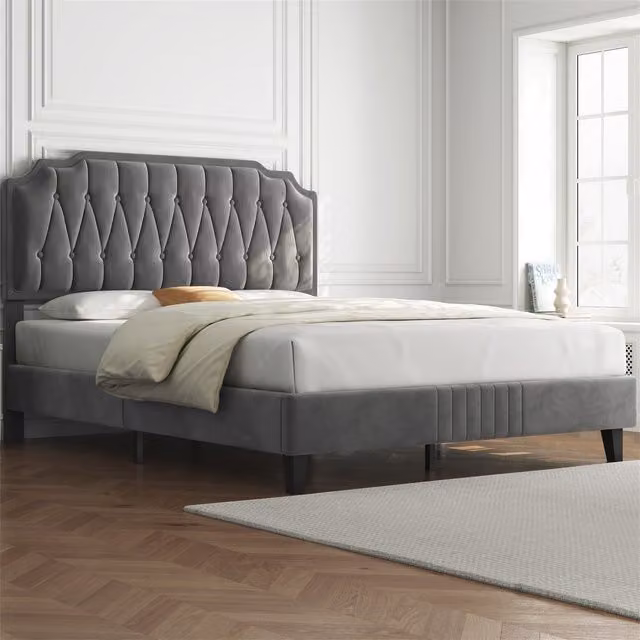 Yaheetech Art Deco Upholstered Bed Frame in Grey, W/D/H: 180 x 200 cm