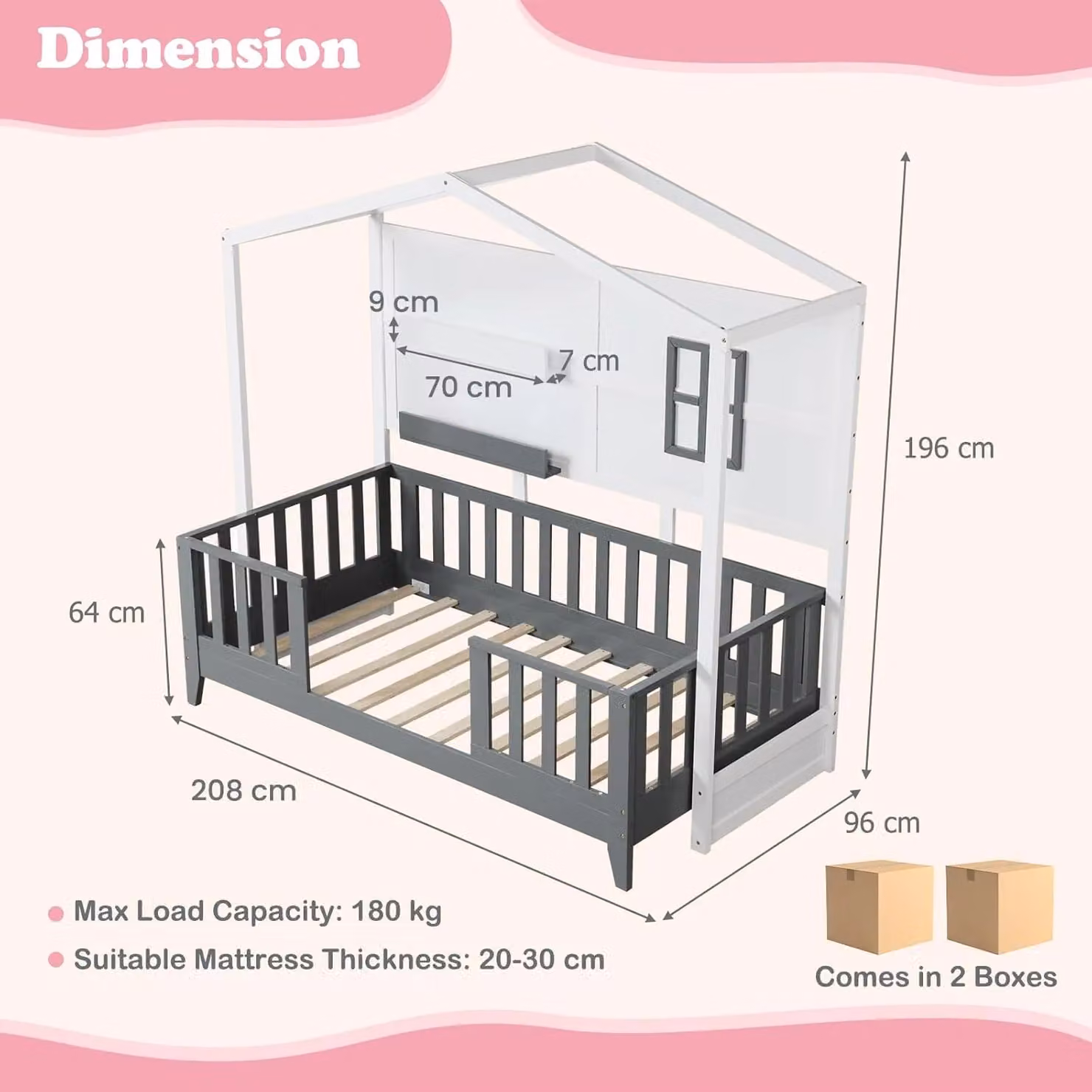 Gymax Single House Shaped Montessori Bed Frame with 2 Shelves and Guardrails in Grey Solid Wood – 2