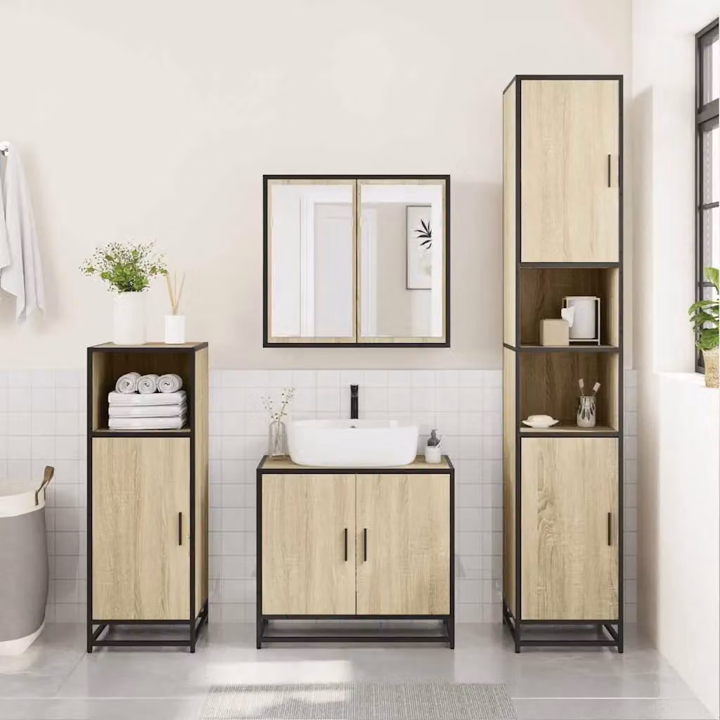 Berkfield Home 3 Piece Brown Sonoma Oak Bathroom Furniture Set with Vanity Unit and Mirror Cabinet – 3