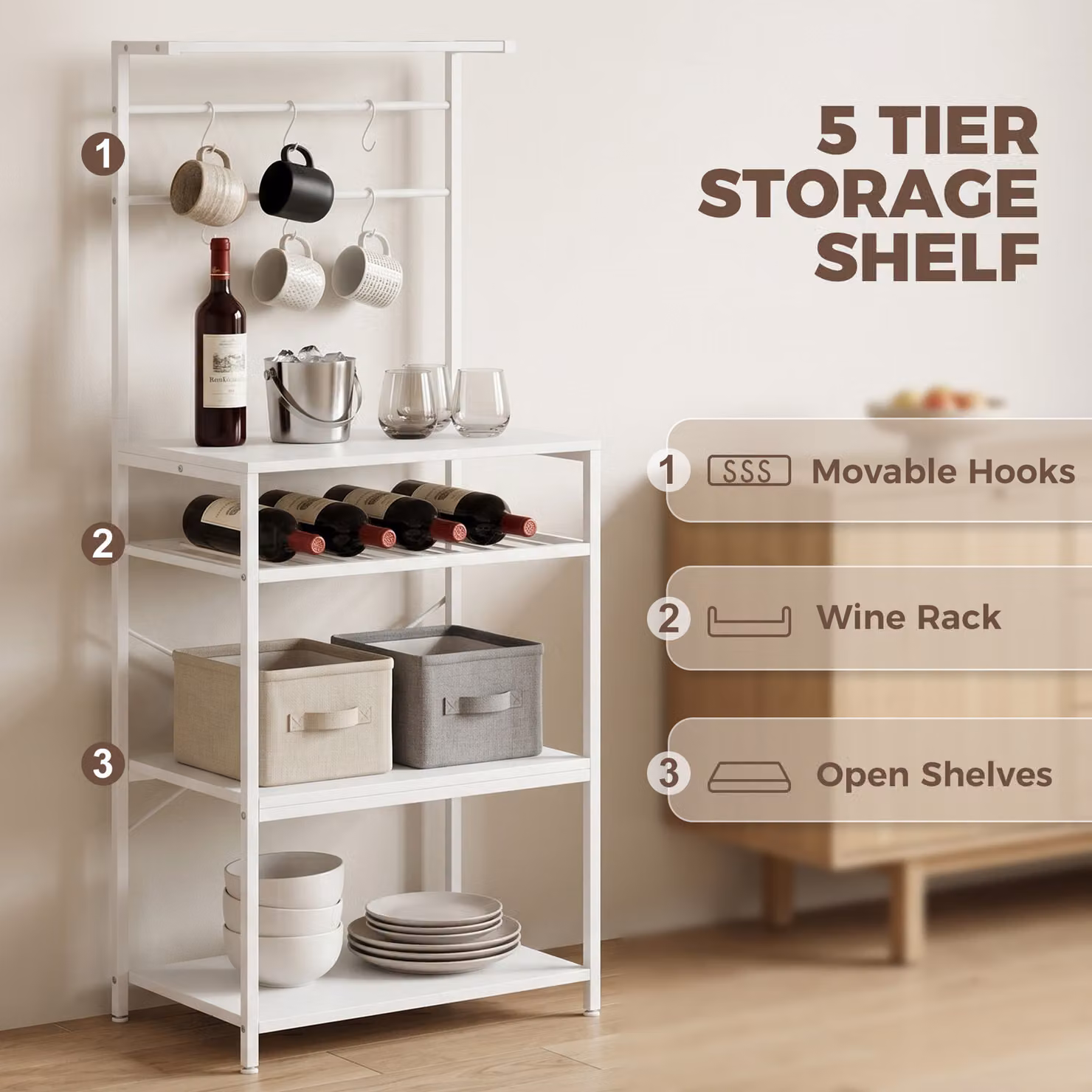HOMCOM Industrial Freestanding Shelving Unit with Wine Rack and 6 Hooks, White, W: 59.0 cm, D: 40.0 cm, H: 143.5 cm – 3