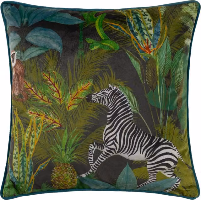 Aranya Zebra Piped Velvet Cushion in Multicolour and Green Polyester