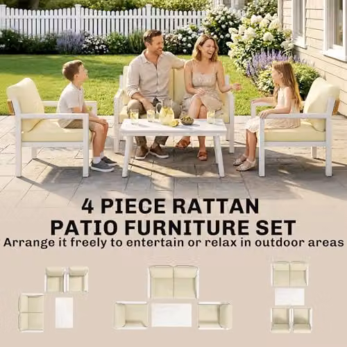 Outsunny 4 Seater Rattan Garden Furniture Set with Cushions in Beige and White – 3