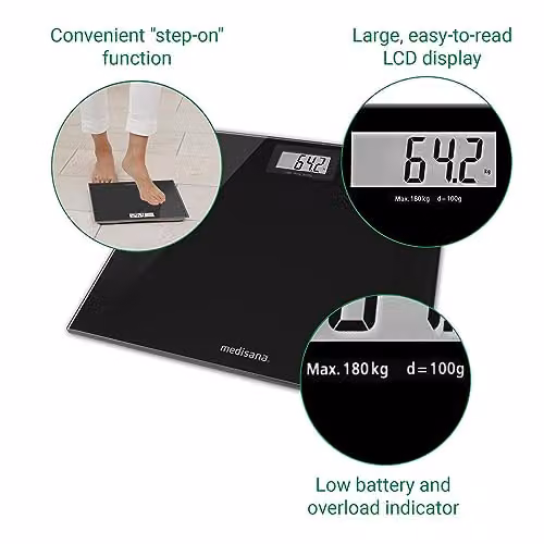 medisana PS 402 Digital Bathroom Scales in Black with Glass Surface and LCD Display, up to 180 kg – 3