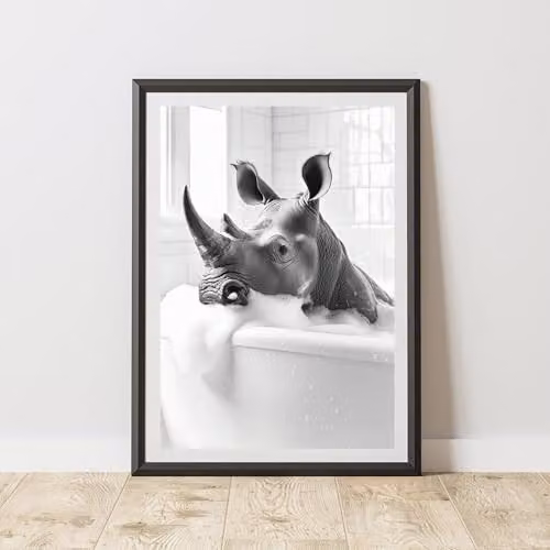 60 Second Makeover Rhino In The Bath Animal Print Paper Poster, W: 21.0 cm, H: 29.7 cm