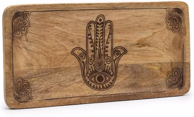 KDMK Rectangular Ethnic Hamsa Engraved Wooden Jewelry Tray in Black and Brown