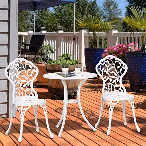 Outsunny 3 Piece Aluminium Bistro Set with Floral Pattern Dining Table and Chairs in Antique White – 2