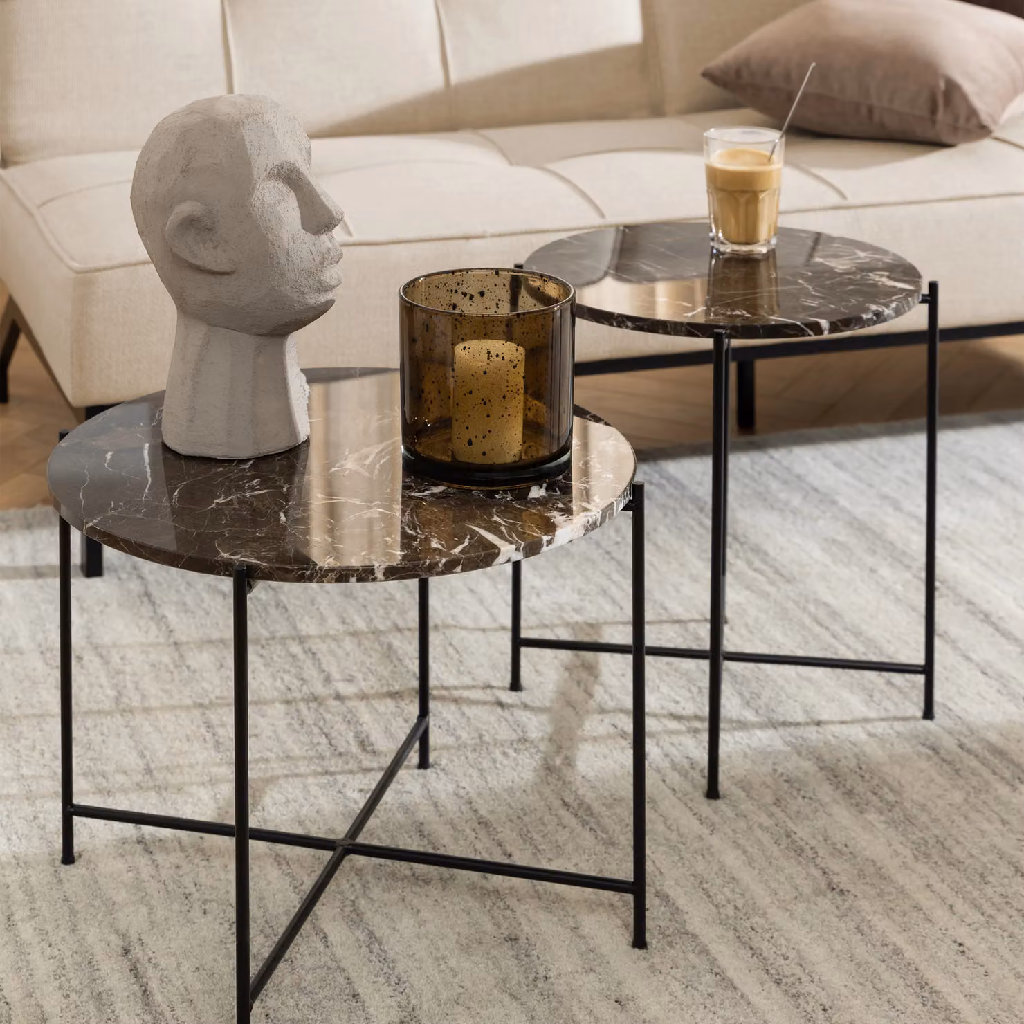 Furniture To Go Avila Modern Side Table with Brown Marble Top and Black Metal X-Frame, W: 42 cm, D: 45 cm – 4