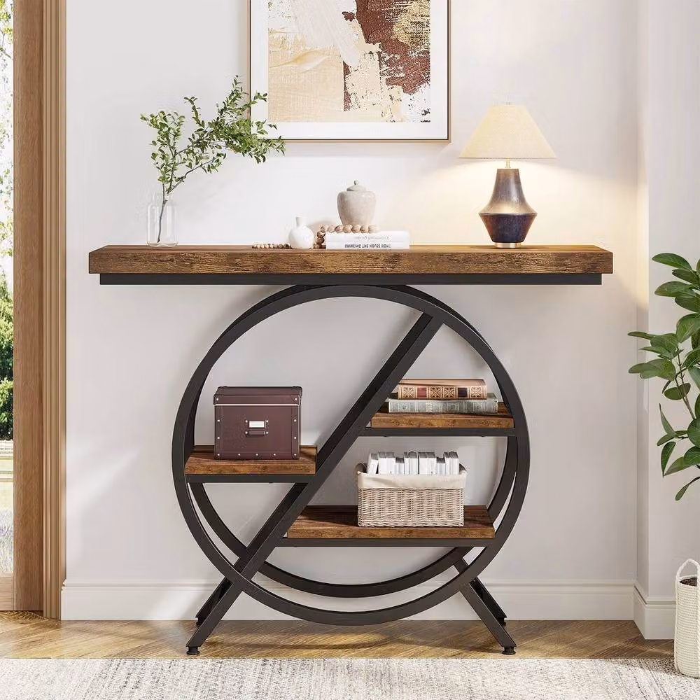 VOGREX Industrial Black Wood and Metal Console Table with Storage for your Living Room – 3
