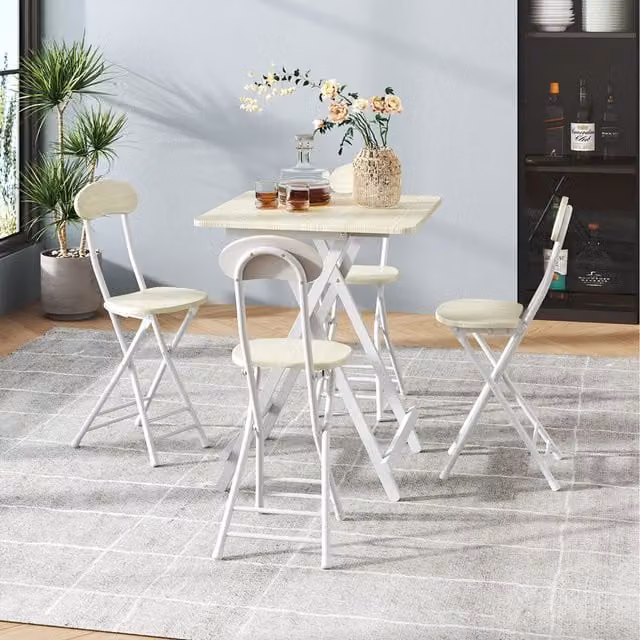 Komore White Metal Frame Folding Dining Table and 4 Folding Chairs Set