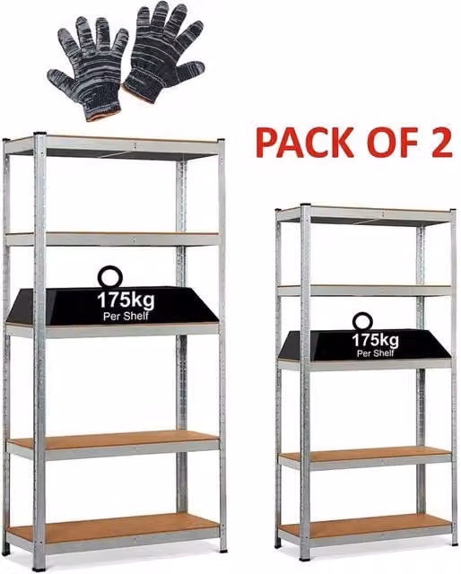 EONLION 2 Piece Heavy Duty 5 Tier Metal and MDF Garage Racking Shelves in Silver, W/H: 100 x 200 cm – 1