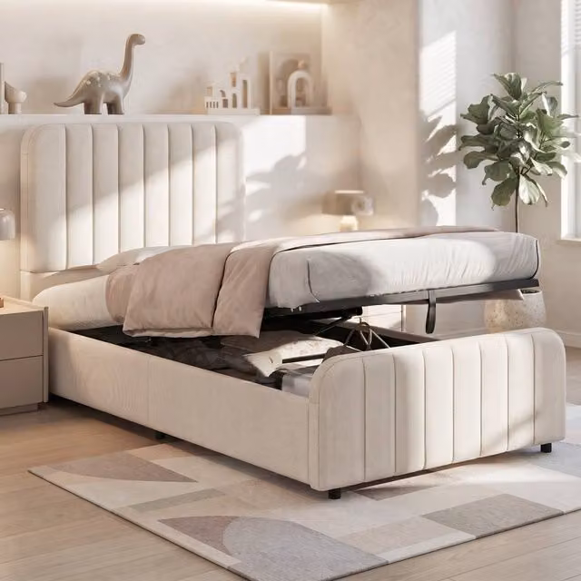 BTM Single Upholstered Linen Hydraulic Ottoman Storage Bed in Beige, W/D/H: 90 x 190 x 36 cm – 1