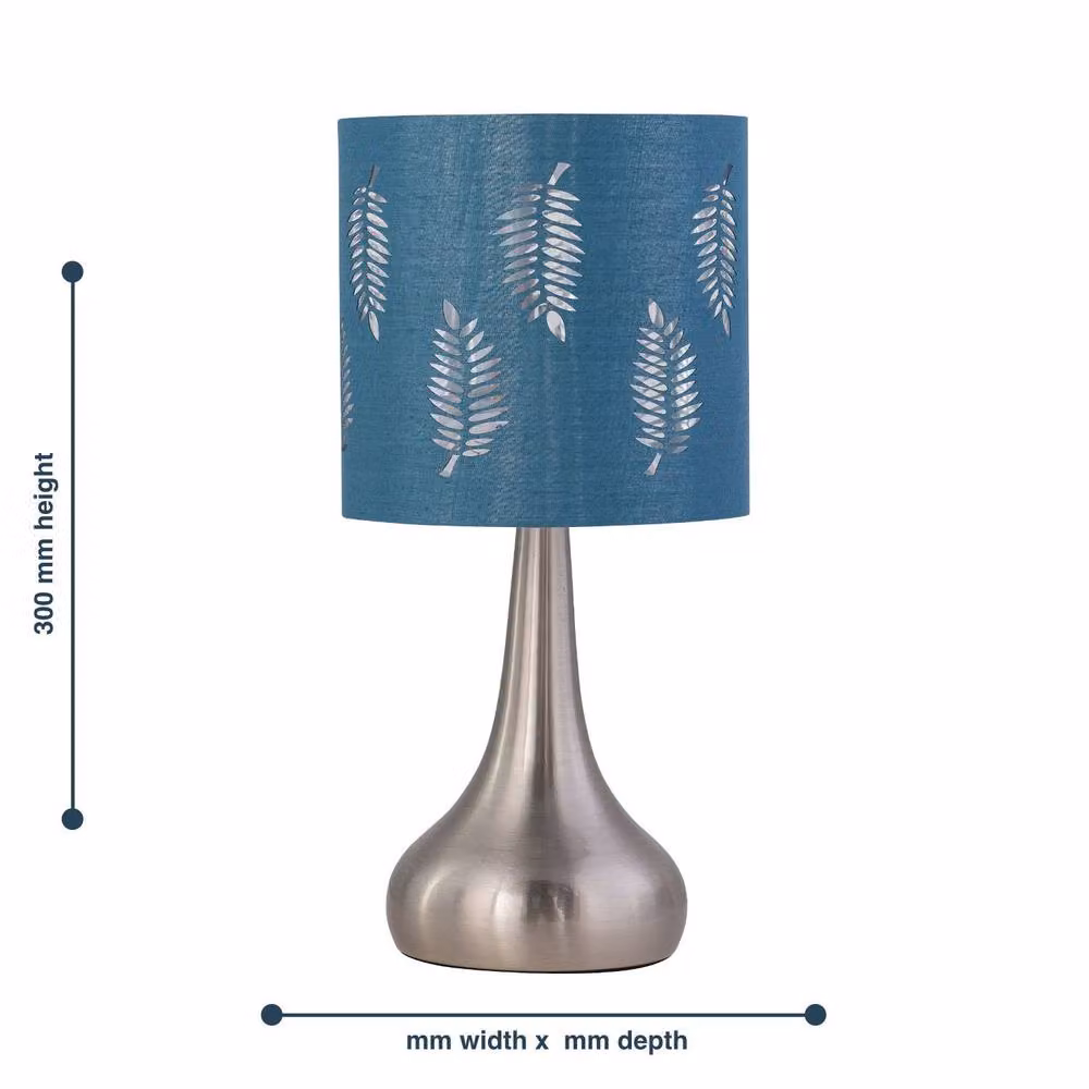 First Choice Lighting Romana Touch Operated Table Lamp in Brushed Chrome with Teal Fabric Shade – 4