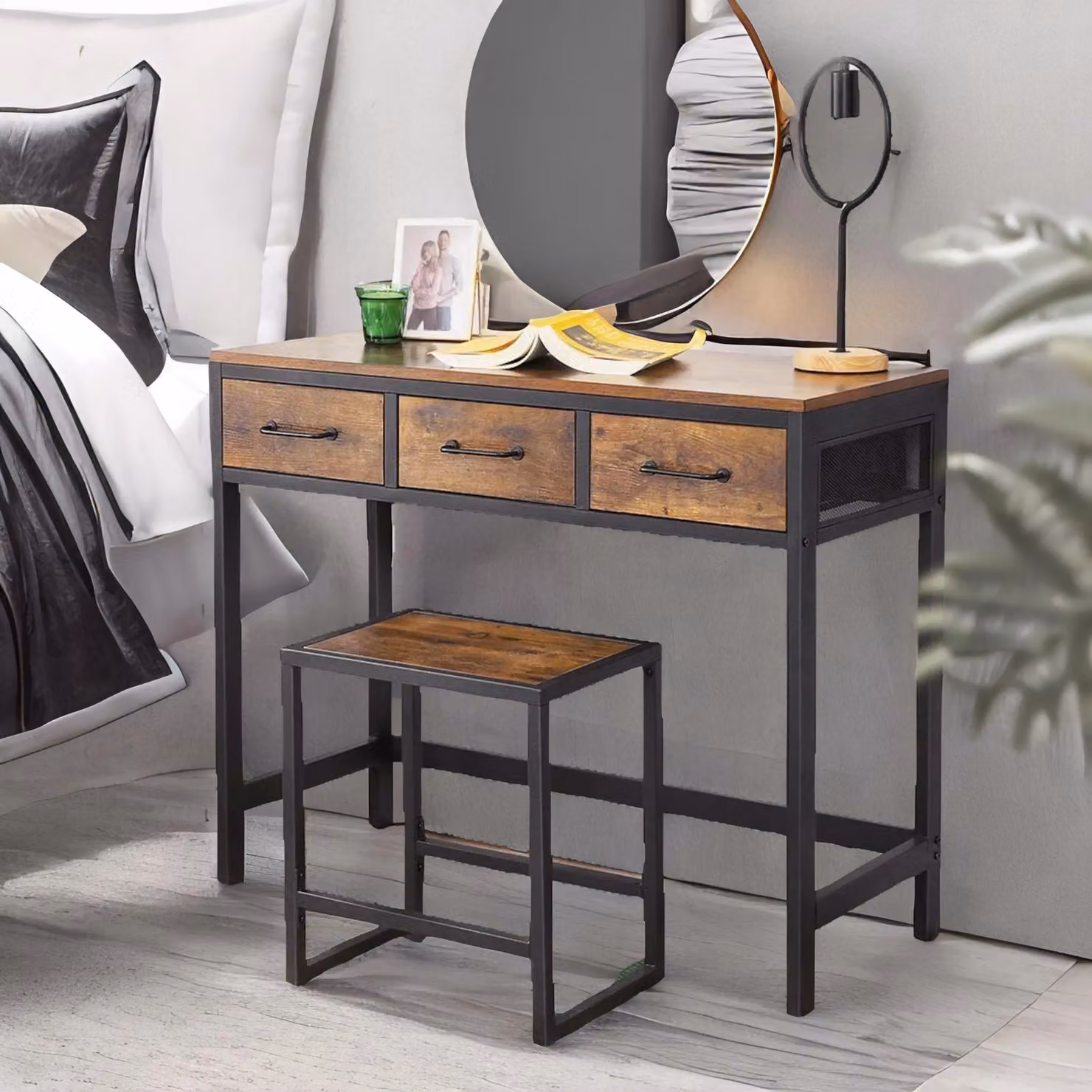Rafaelo Mobilia Industrial Rustic Brown Dressing Table with Tri-fold Mirror and Stool – 2
