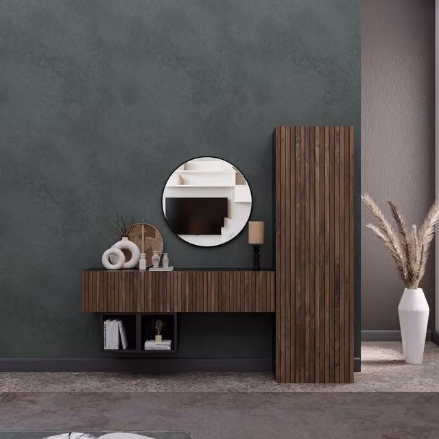 Decorotika Lecce Wall Mounted Minimalist Entertainment Center in Black with Striped Pattern