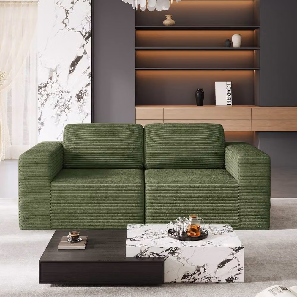 Dprodo Green Corduroy Modular L-Shape Sofa with Matching Ottoman and Removable Covers, W: 202 cm, D: 82 cm, H: 82 cm – 8