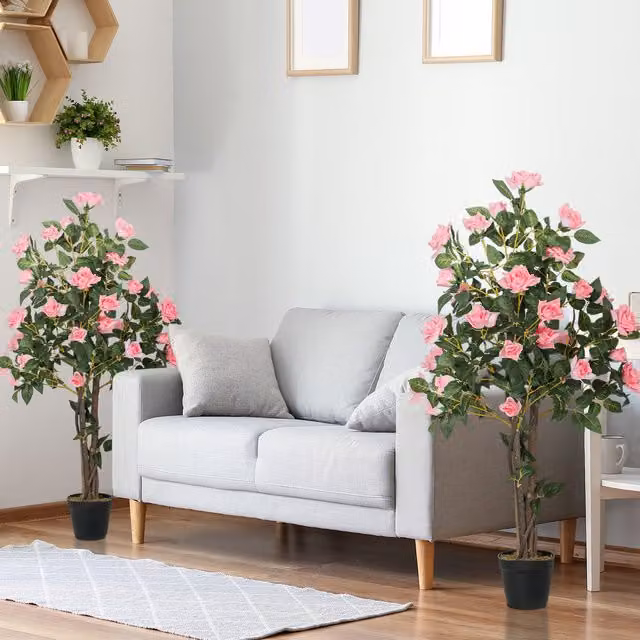 HOMCOM Set of 2 Pink Artificial Rose Trees in Concrete Tabletop Pots