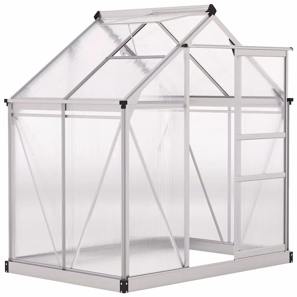 OUTSUNNY Silver Polycarbonate and Galvanised Aluminium Walk-In Greenhouse with Sliding Doors, W: 182.88 cm, D: 132.0 cm, H: 201.0 cm – 2
