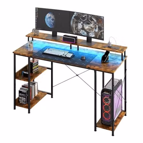 Levede Black Gaming Desk with Monitor Shelf and Storage Shelves, W: 140 cm, D: 50 cm, H: 86.5 cm – 1