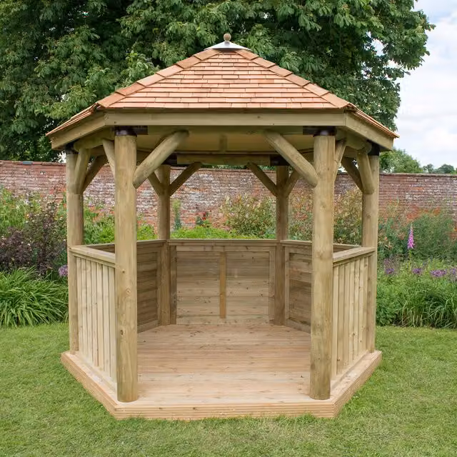 Forest Hexagonal Garden Gazebo in Brown Rustic Wood and Steel, 3 m Diameter