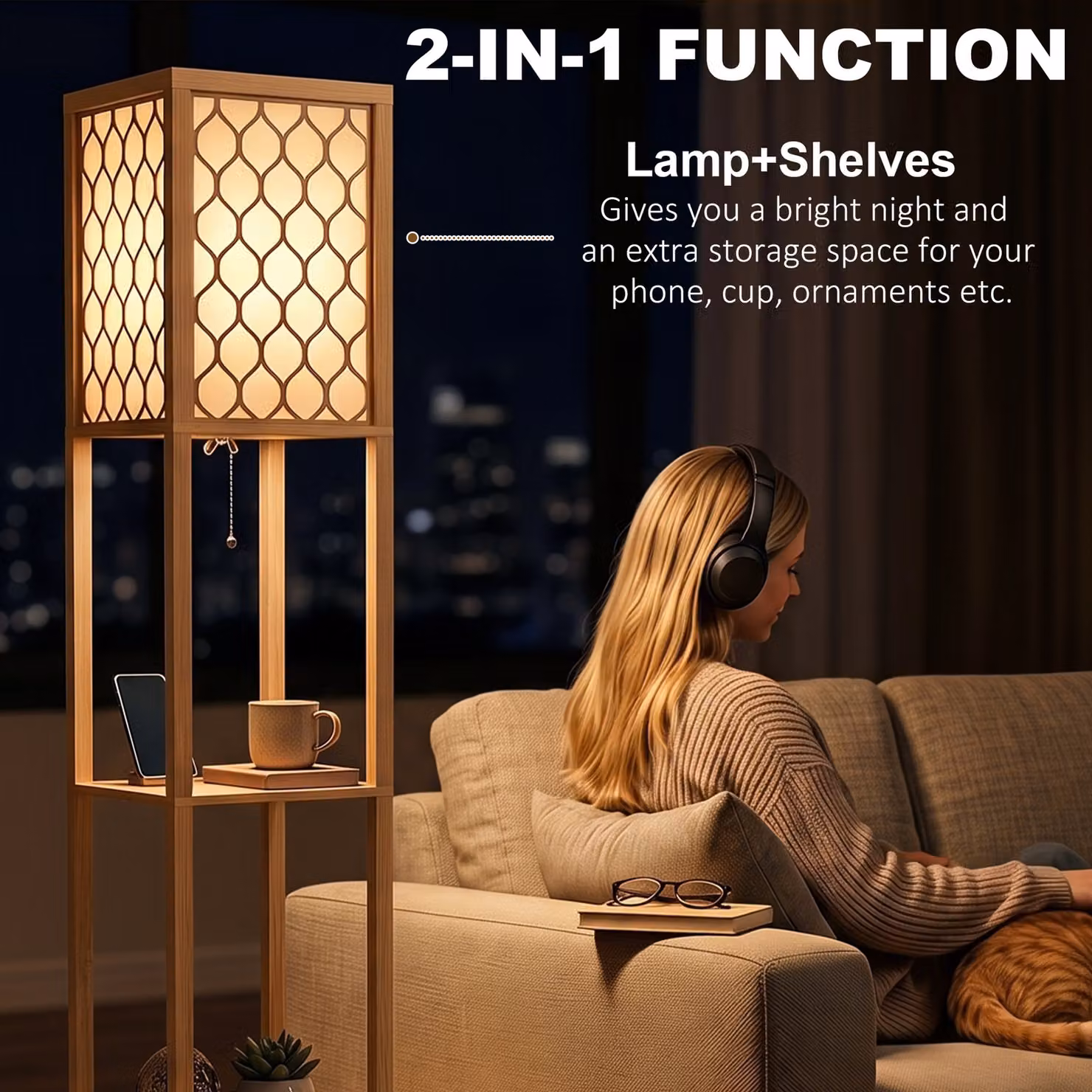 HOMCOM Modern Tall Floor Lamp with Shelves and White Fabric Lampshades in Natural Wood Finish – 4