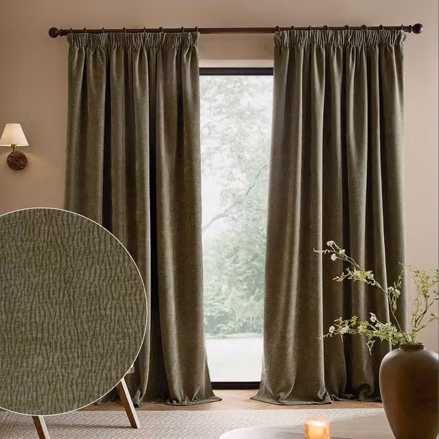 Yard Heath Washed Velvet Pencil Pleat Curtain Pair in Green, Width: 168 cm, Drop: 229 cm