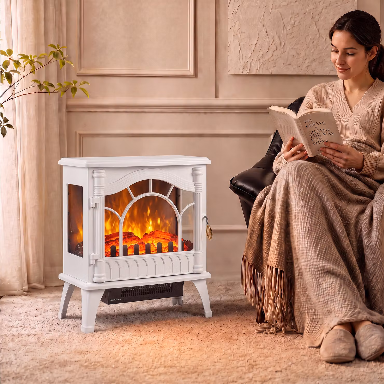 HOMCOM 3-Sided Glass Electric Fire Fan Heater, Freestanding Log Burner with Flame Effect, White – 2