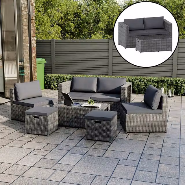 Vida Designs Islay 6 Seater Grey Rattan Garden Furniture Set with Glass Top