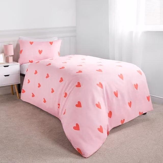 OHS Reversible Gingham Heart Duvet Cover, Pink, 90 x 200 cm