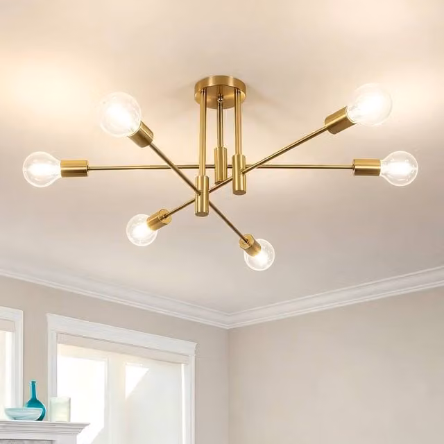 Goeco Industrial Retro 6-Light Ceiling Chandelier in Gold/Brass with E27 Base – 1