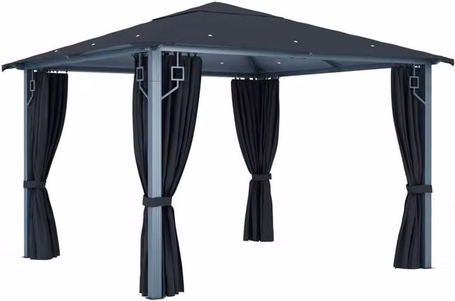 Berkfield Home Anthracite Aluminium Gazebo with Curtains and LED String Lights, W: 300 cm, D: 300 cm, H: 270 cm – 1
