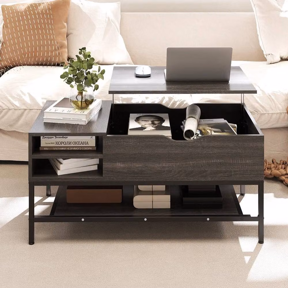 Hinsinc Lift Top Coffee Table with Storage Shelf in Grey – 3