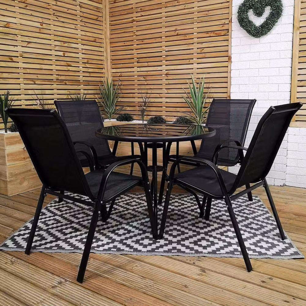Samuel Alexander Outdoor 4 Person Round Glass Top Garden Dining Table and Chairs Set in Black – 3