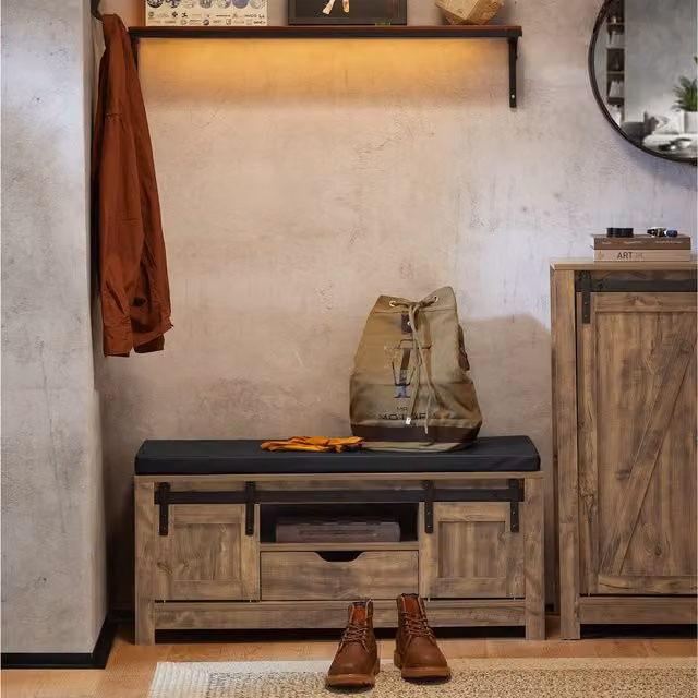 SoBuy FSR118-N Industrial Shoe Bench and Storage Cabinet in Brown with 2 Sliding Doors and Synthetic Leather Seat Cushion, W/D/H: 101 x 35 x 46 cm – 1
