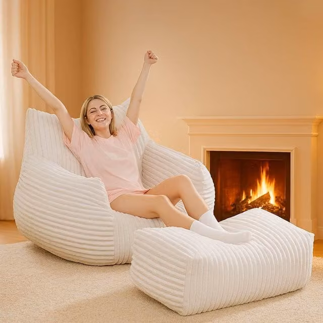 Aosom UK White Soft Bean Bag Chair with Footrest and High-Density Shredded Memory Foam, Modular Ergonomic Sofa, W/D/H: 98 x 117 x 75 cm
