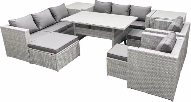 Fimous 8 Seater Rattan Garden Furniture Set with Dining Table, 2 Chairs, 2 Side Tables and 3 Footstools in Light Grey