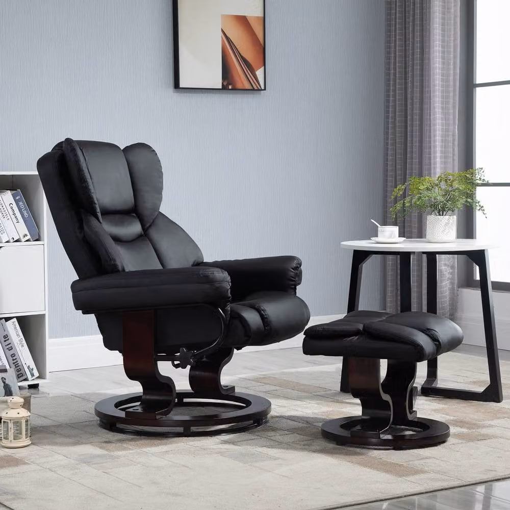 STILVORA Black Synthetic Leather Recliner Chair with Matching Ottoman and 360 Degree Swivel – 2