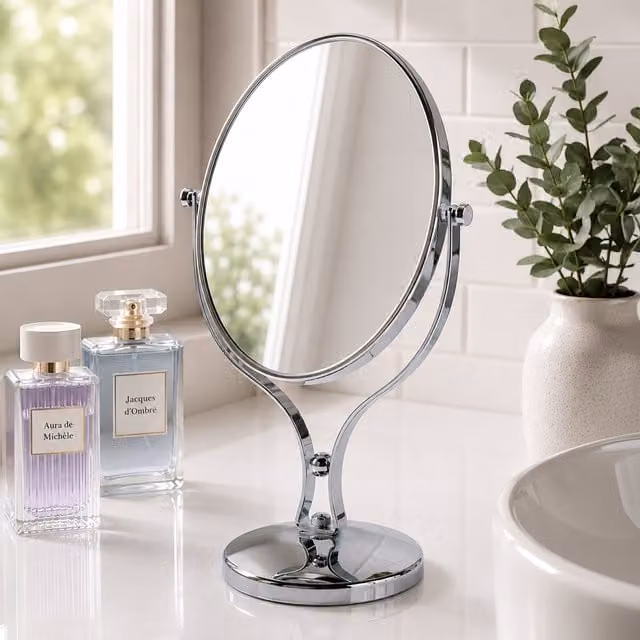 Triton 5x Magnification Oval Tabletop Vanity Mirror in Silver