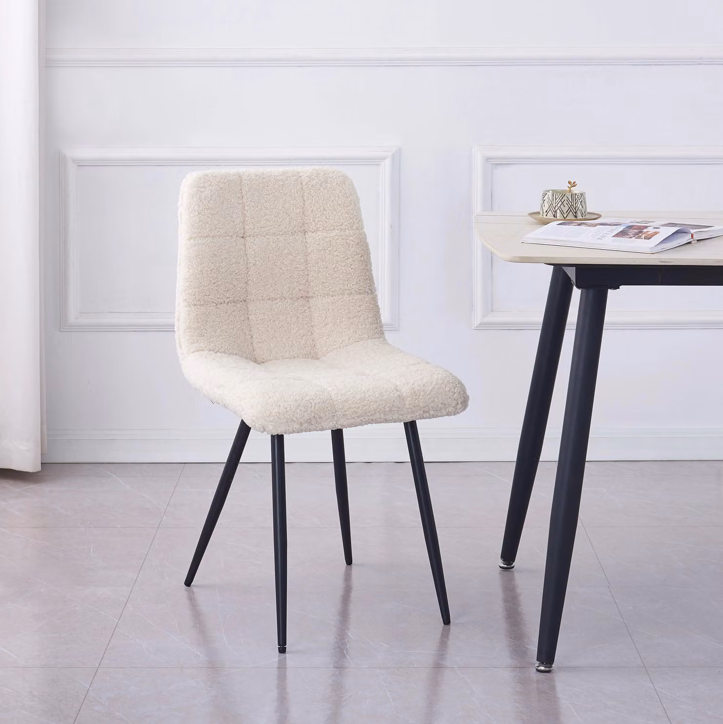 Nordlys Set of 2 Scandinavian Dining Chairs with White Bouclé Fabric and Metal Backrests – 2
