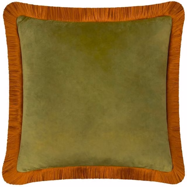 Furn Halo Fringed Velvet Cushion in Green, W x D: 50 x 50 cm