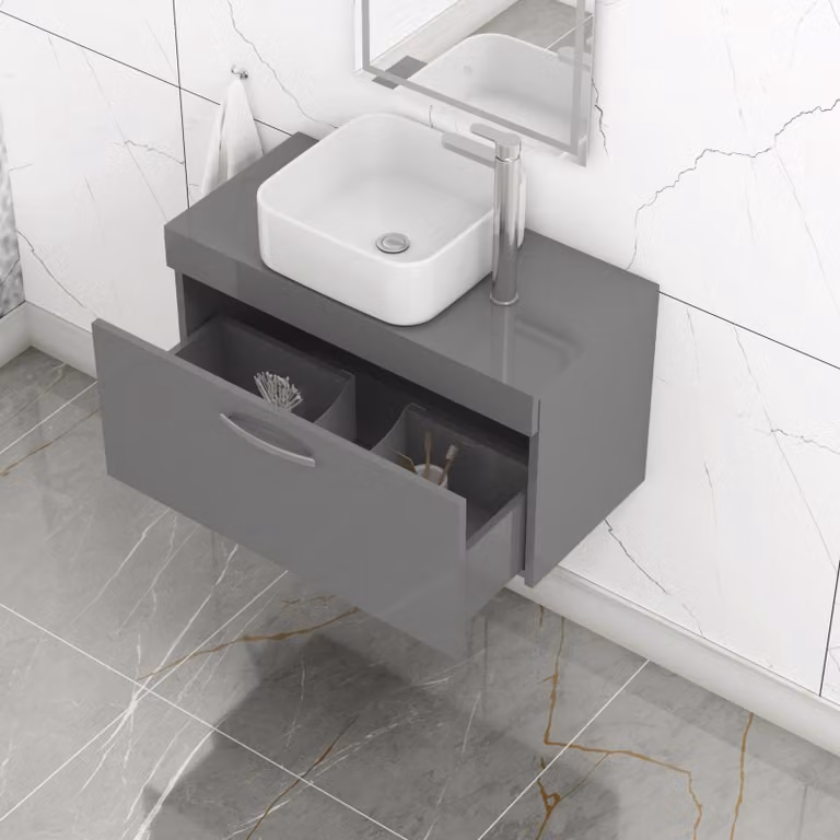 Royal Bathrooms Turin Wall Hung 1-Drawer Unit and Soft Square Countertop Basin in Indigo Grey Gloss, Width: 80 cm and 36.5 cm
