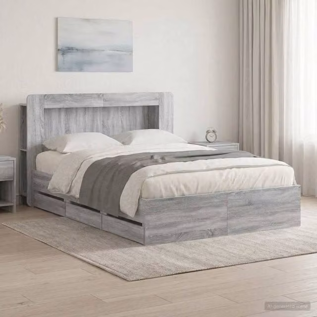 Berkfield Home Modern Bed Frame with Storage Drawers in Grey Sonoma, W/D/H: 140 x 200 cm, Engineered Wood