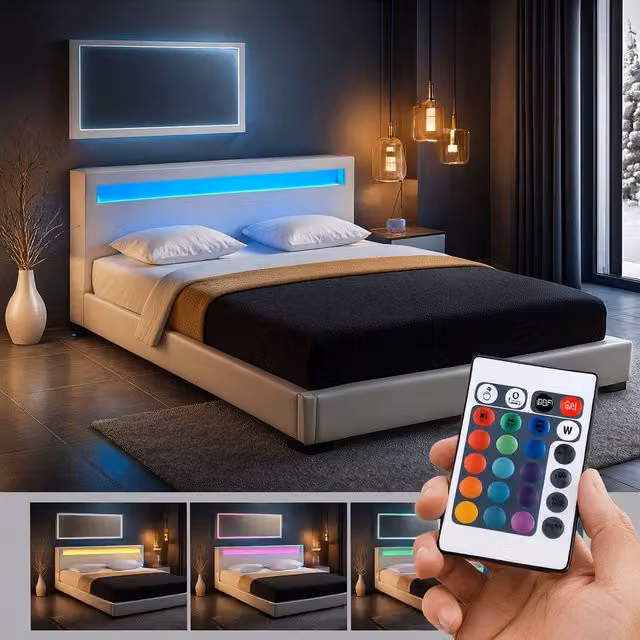 Harmin White Double 4ft6 LED Upholstered Faux Leather Bed Frame with Under-Bed Lighting W/D/H: 140 x 200 cm – 1