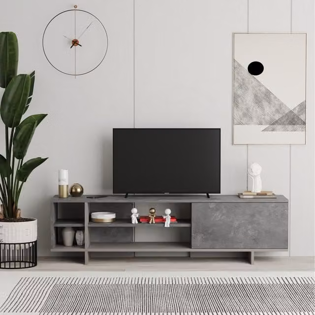 Decortie Stockton Retro Grey Low Media TV Stand with Open Shelves