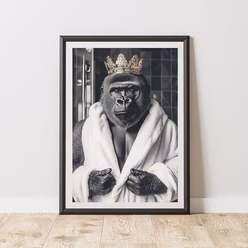 60 Second Makeover Funny Gorilla and Crown Graphic Paper Poster in Black and White, W: 21.0 cm, H: 29.7 cm