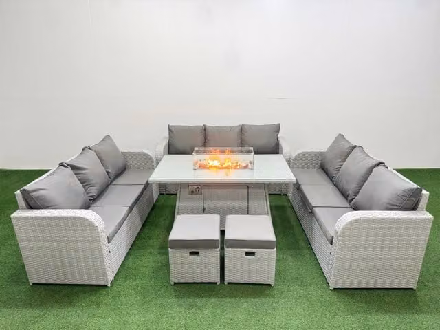 Fimous 11 Seater PE Rattan Outdoor Garden Furniture Set in Light Grey with Firepit Dining Table, 3 Seater Sofa and 2 Stools