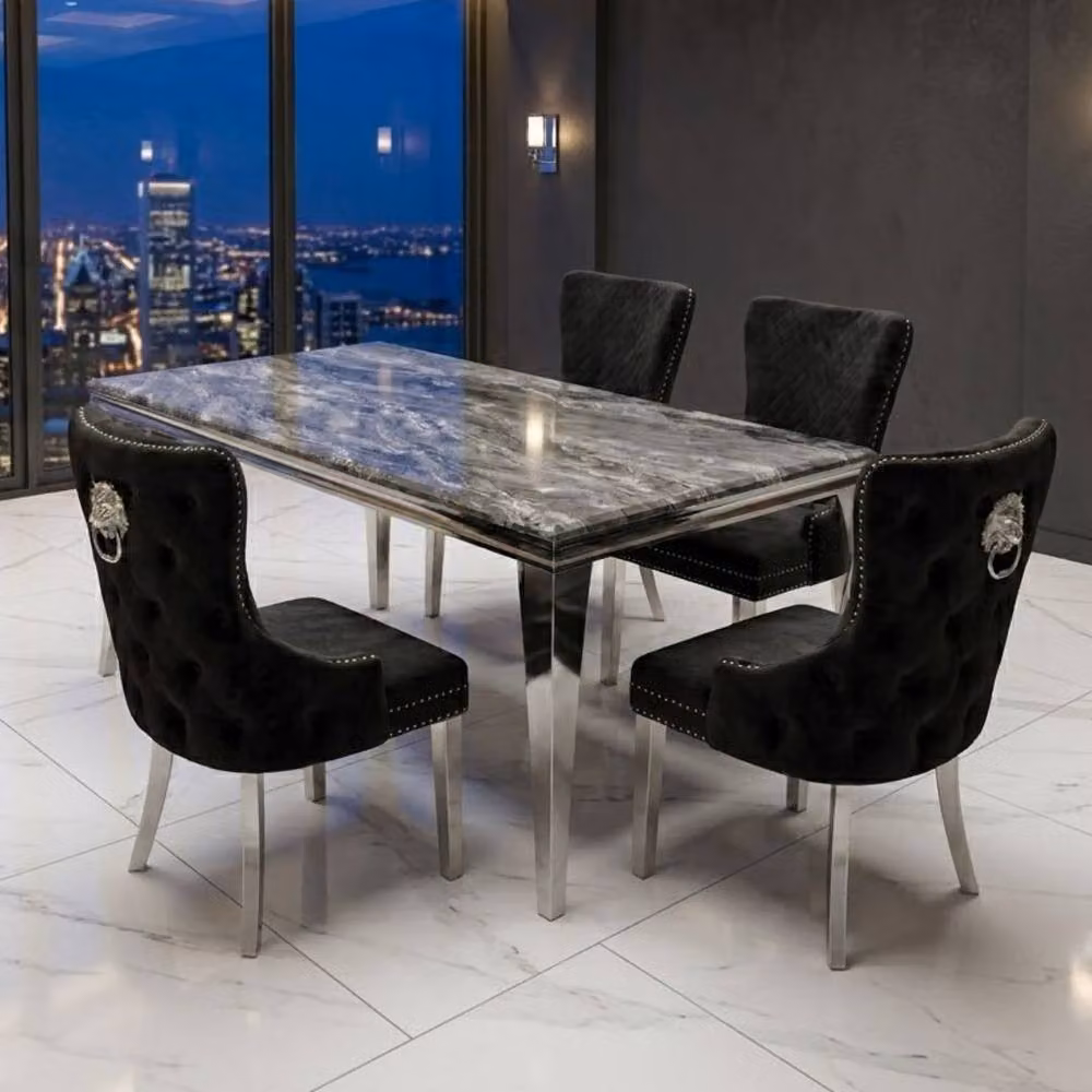HOME LUXE INTERIOR Sofia Grey Marble Dining Table and 4 Victoria Black and Silver Chairs – 3