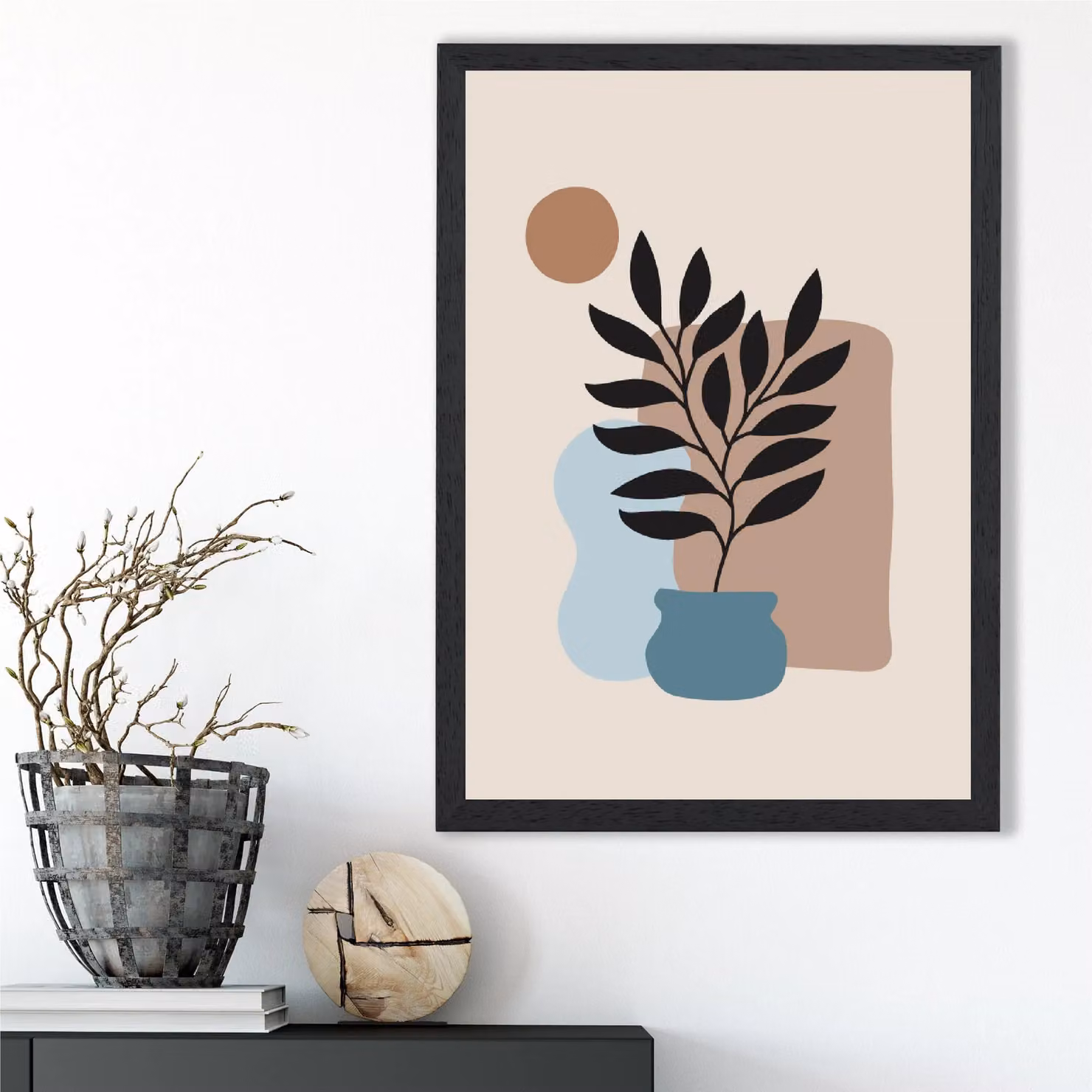 ARTZE Boho Graphical Floral Framed Print in Beige, Blue and Brown with Black Frame – 2