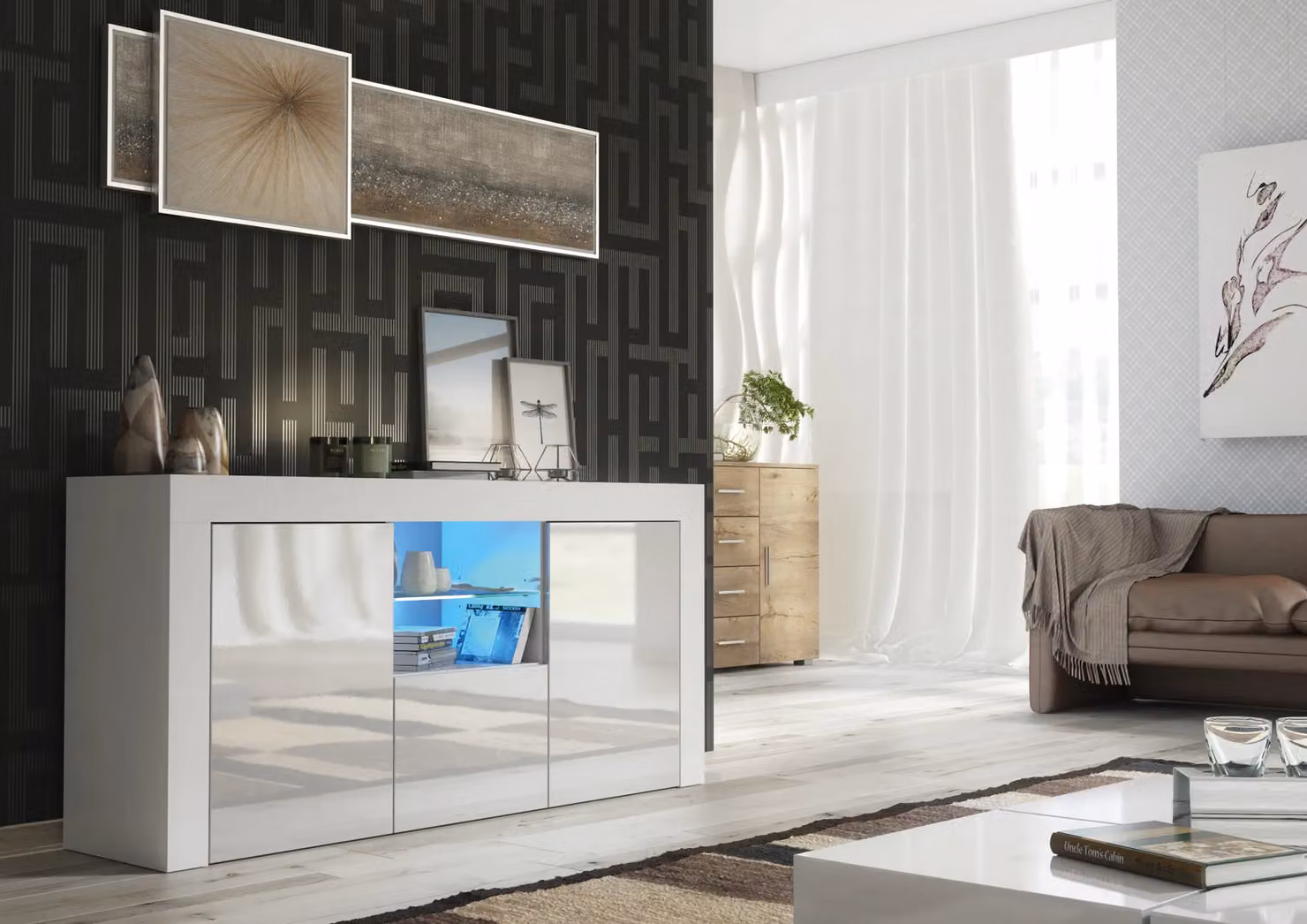 Mex Furniture LTD Modern White Gloss Sideboard with Integrated LED Lighting, W: 145 cm, D: 35 cm, H: 70 cm – 3