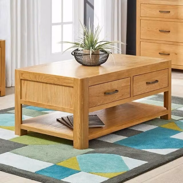 FORGEVIO Modern Rectangular Coffee Table with 2 Drawers in Natural Oak Finish