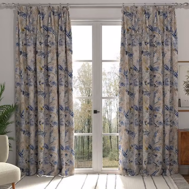 Terrys Blue Floral Blackout Fabric Panel Curtain with Multifunction Tape